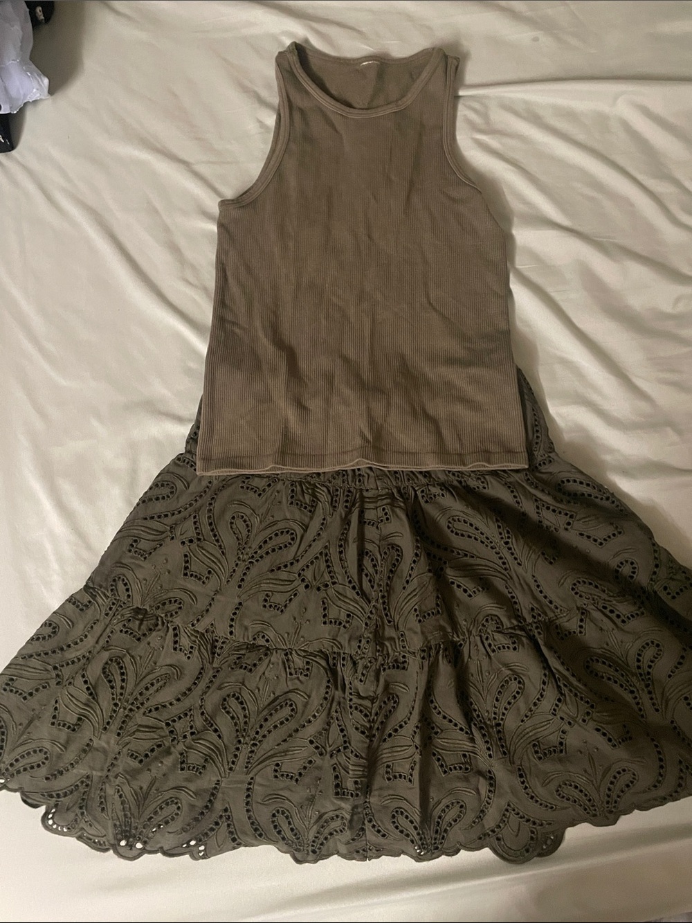Express Olive Rib Tank with Eyelet Tiered Skirt Set